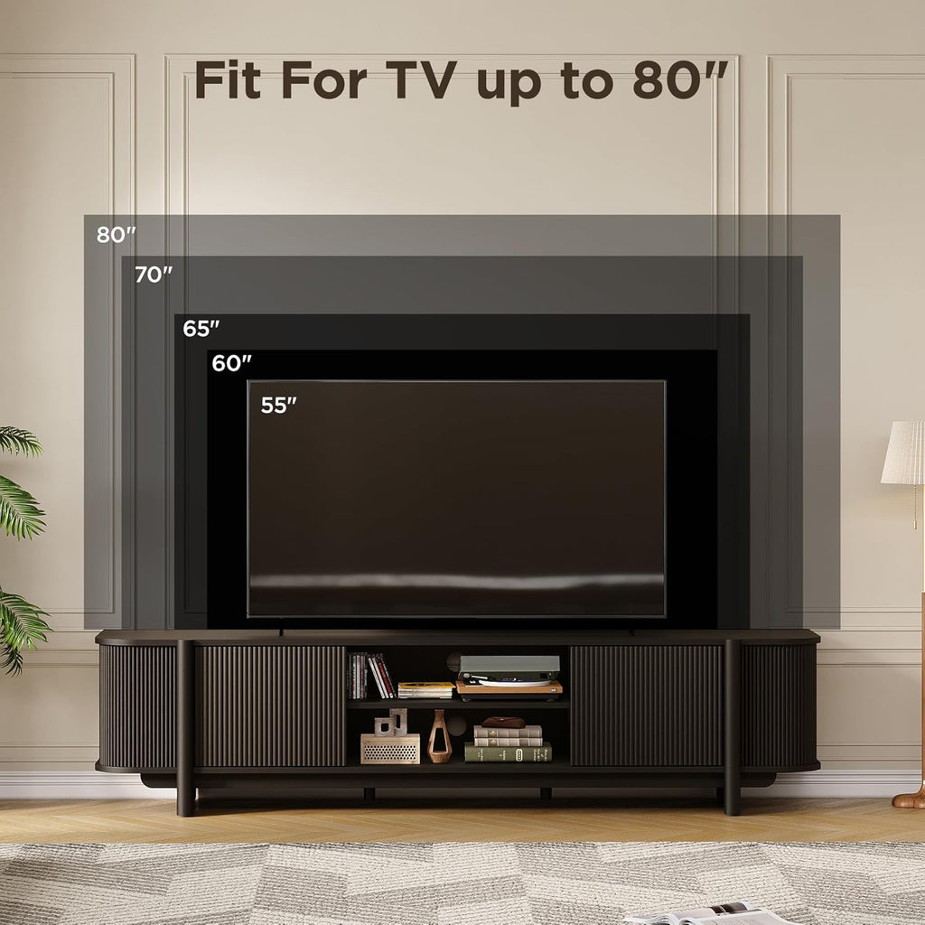 Vabches 70" Mid Century TV Stand for TVs up to 80 Inch,Fluted Entertainment Center with Storage and Adjustable Shelves,Modern Media Console Table for Living Room,Bedroom,Black