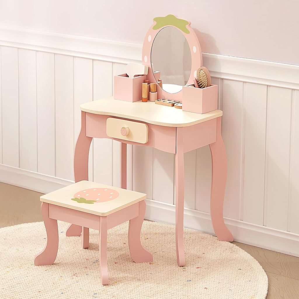 OOOK Toddler Vanity for 3 Year Old, Kids Vanity with Pretend Makeup Accessories, Makeup Table for Kids with Drawer, Pink
