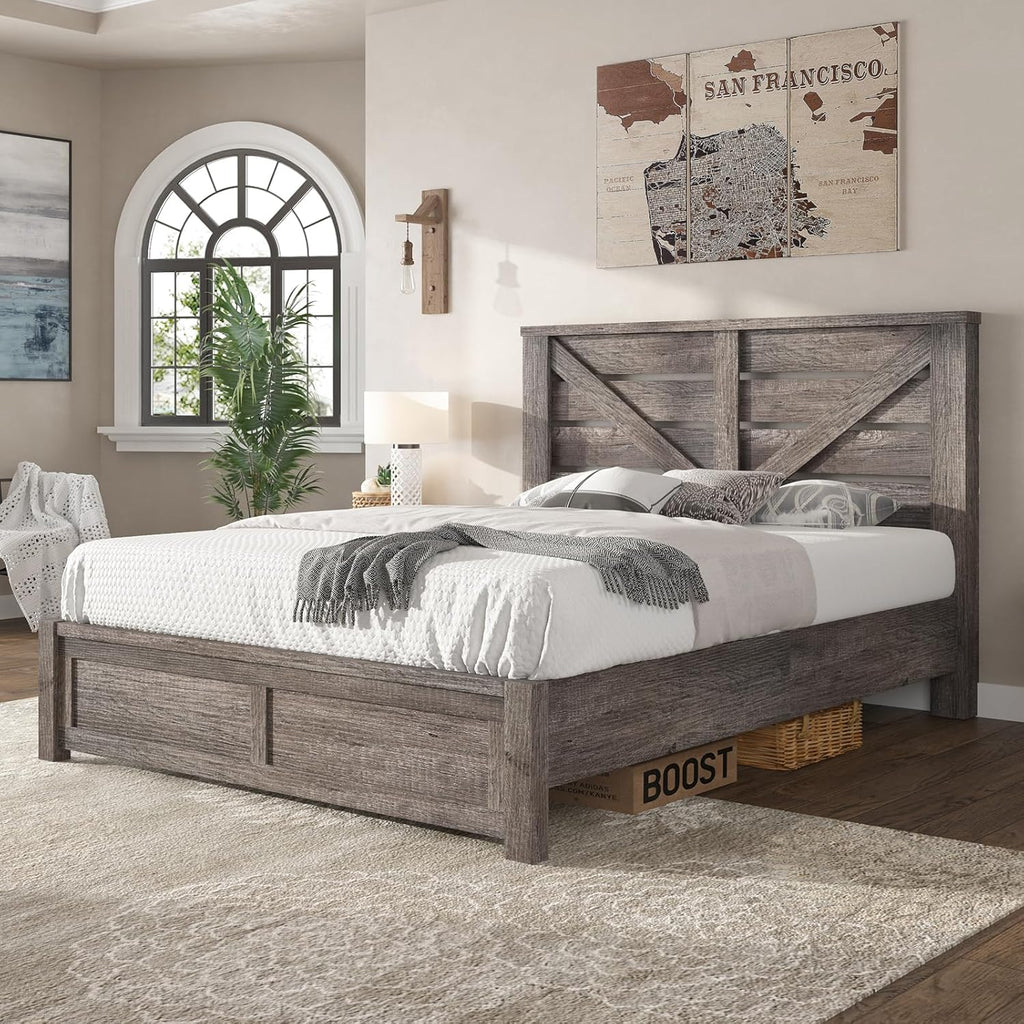 AMERLIFE Queen Size Bed Frame with 49.2" Barn Door Headboard and Footboard, Farmhouse Platform Bed Frame with Wood Slats, No Box Spring Needed, Under Bed Storage, Rustic Gray