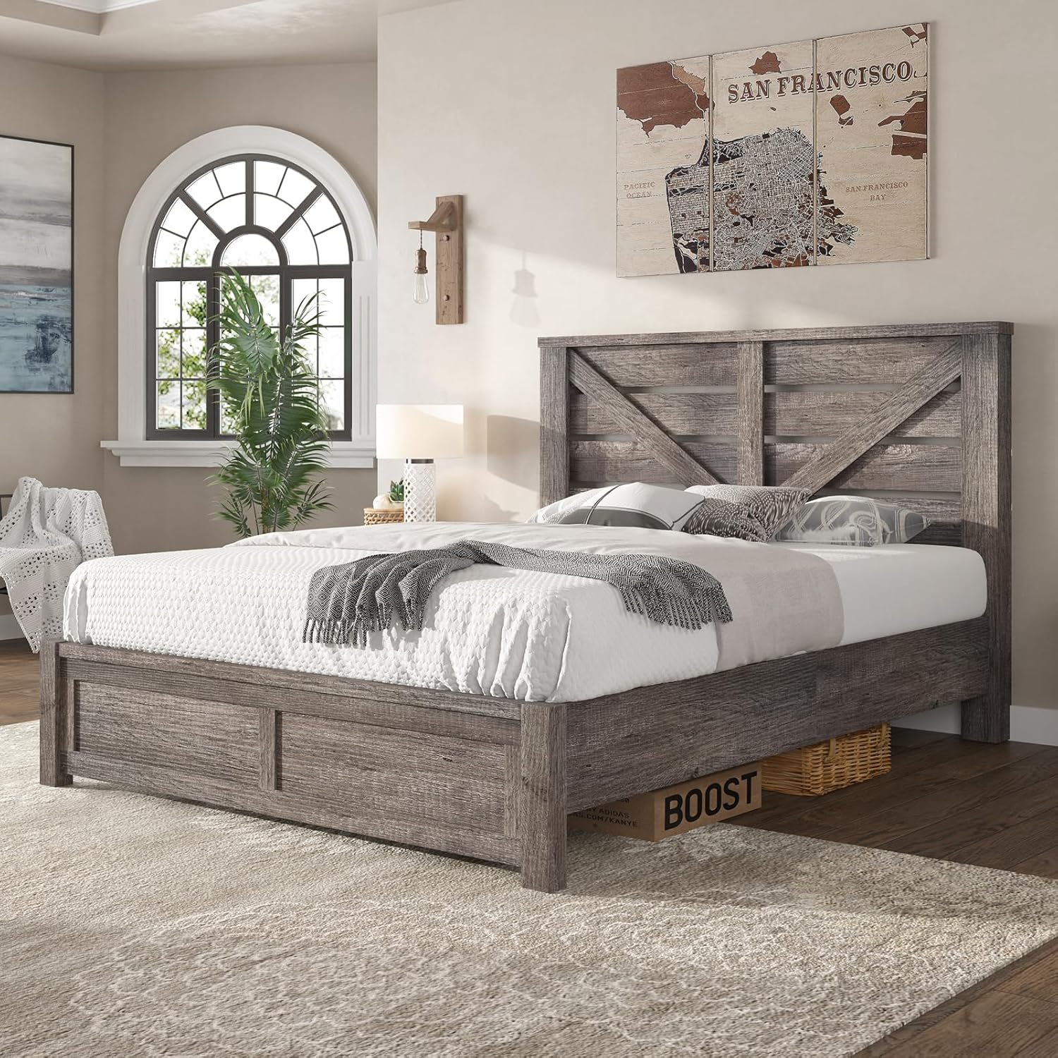 AMERLIFE Queen Size Bed Frame with 49.2" Barn Door Headboard and Footboard, Farmhouse Platform Bed Frame with Wood Slats, No Box Spring Needed, Under Bed Storage, Rustic Gray