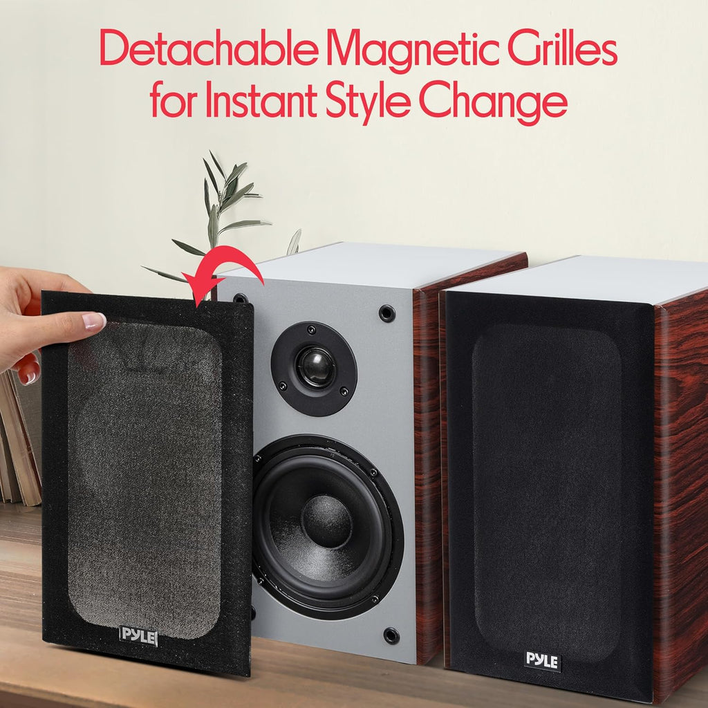 Pyle 6.5" Home Audio Speakers, 2-Way Passive Bookshelf, 240W Max Power, 1" Silk Dome Tweeter, Composite Woofer, Gold Plated 5 Way Binding Post, Rubber Surrounds, Beautiful Wood Grain Finish - Pair