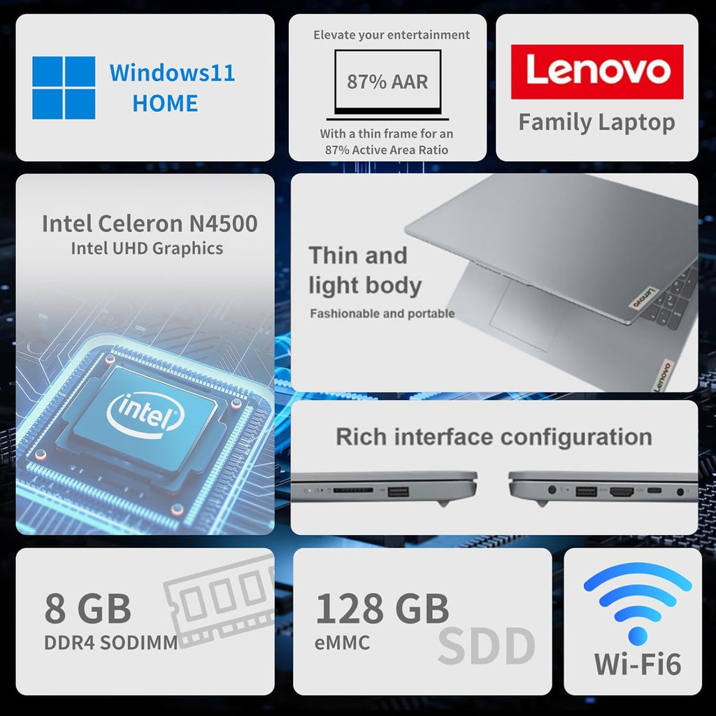 Lenovo Ideapad 15.6" Laptop,8GB RAM,128GB eMMC,Intel Multi-Core,HD+ Display,Office 365,Numeric Keypad,Wi-Fi 6,Windows 11 Home,EUK Accessories,Grey