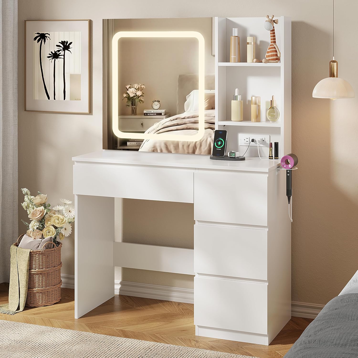 Vabches Make Up Vanity Desk with Charging Station, Vanity Set with Mirror and Stool and Lights,Dressing Table with 4 Drawers & Storage Shelves,37inch, White