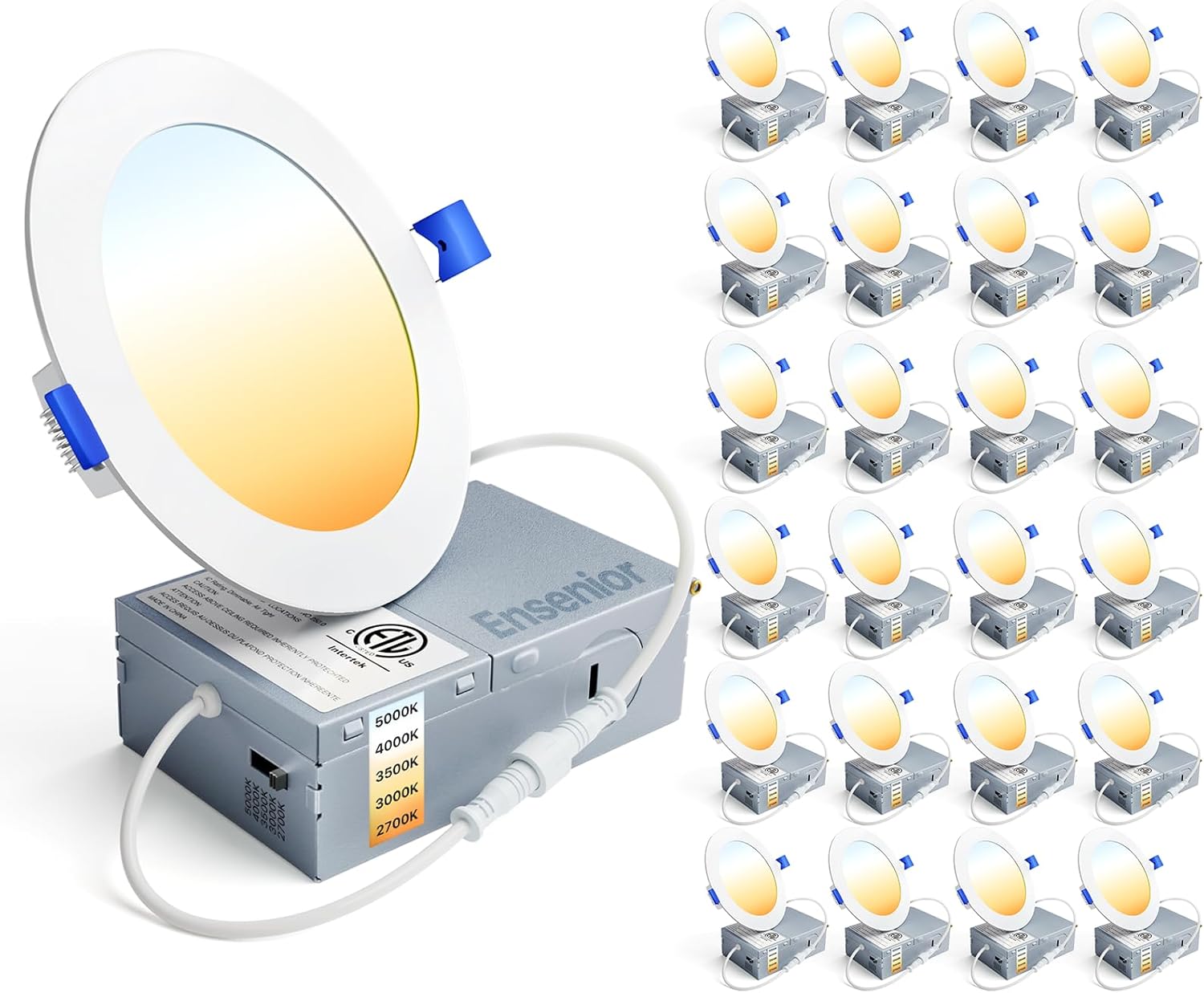 Ensenior 24 Pack 4 Inch LED Recessed Ceiling Light, Dimmable, 2700K-5000K 5CCT, 750LM 9W 120V, High Brightness Canless Wafer Downlight - ETL&FCC&IC