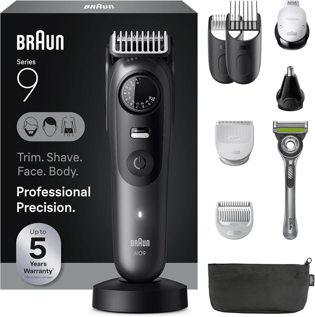 Braun All-in-One Series 9 Men's Electric Beard Trimmer, Hair Clipper, Shaver & Razor for Face, Hair & Body, AIO 9535 with Gillette Labs Razor, Cordless