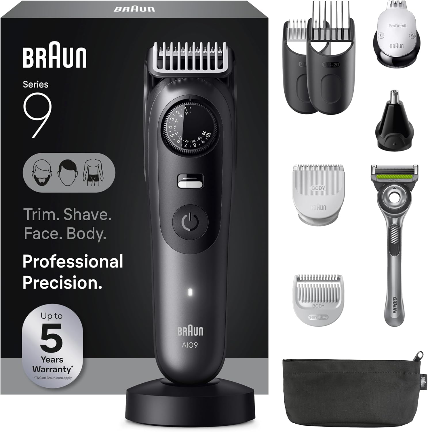Braun All-in-One Series 9 Men's Electric Beard Trimmer, Hair Clipper, Shaver & Razor for Face, Hair & Body, AIO 9535 with Gillette Labs Razor, Cordless