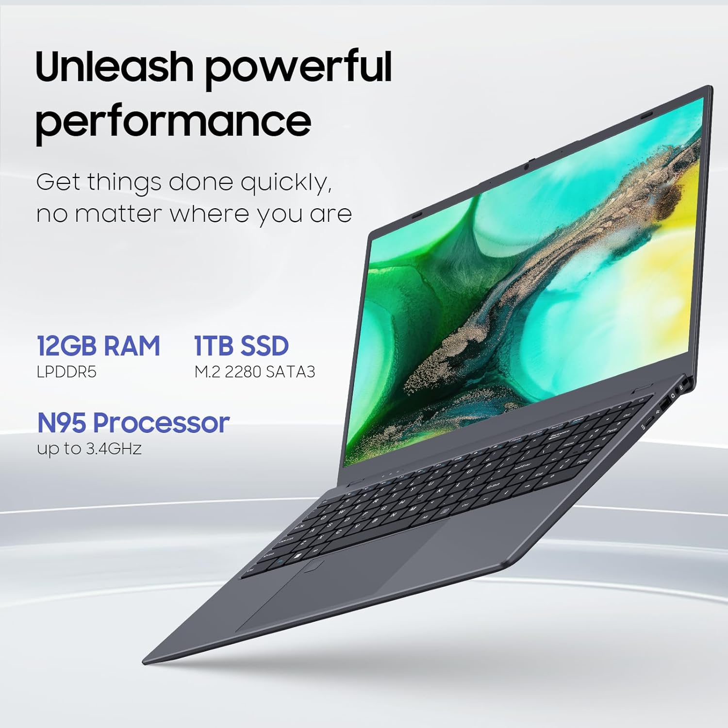 Laptop Computer, 1TB SSD, 12GB RAM Laptops, Quad Core N95 Processor, 15.6" FHD IPS Display, Laptop Support Fingerprint, WiFi 5, BT 5.0, USB-C, HDMI, Black