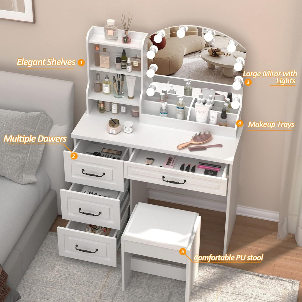 Vabches Makeup Vanity Desk with Mirror and Lights & Power Outl,White Dressing Table 3 Lighting Colors, 4 Drawers, Makeup Vanity Set for Bedroom