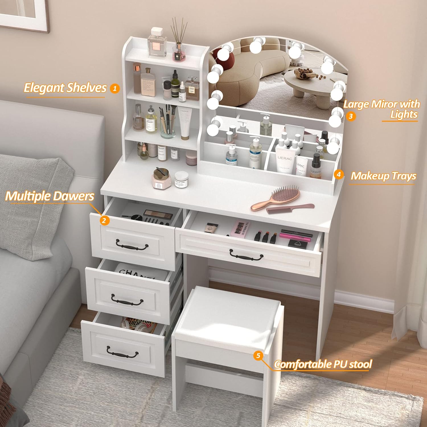 Vabches Makeup Vanity Desk with Mirror and Lights & Power Outl,White Dressing Table 3 Lighting Colors, 4 Drawers, Makeup Vanity Set for Bedroom
