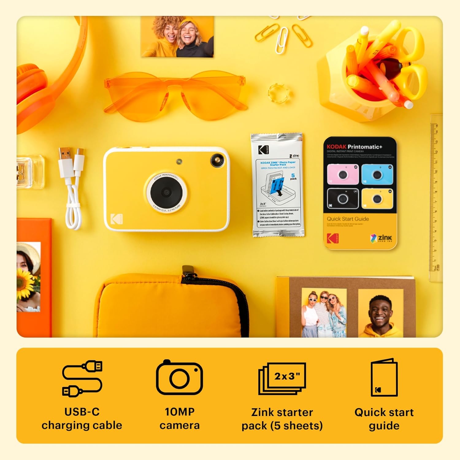Kodak Printomatic+ Instant Print Digital Camera Starter Bundle + Carrying Case (Blue) + Zink 20pk Sticky-Back Photo Paper - 10MP, Full-Color Photos, GB LED Status Indicator - Yellow