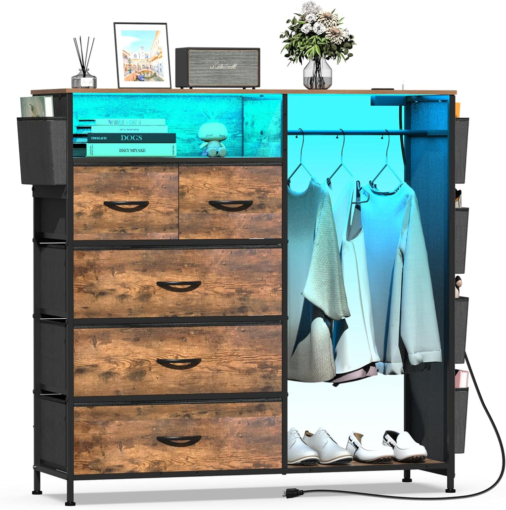 Espelism Dresser for Bedroom with Clothes Rack Side Pockets 5 Drawer Dresser with Charging Station LED Lights Black Storage Chest of Drawers for Hallway Closet Sturdy Steel Frame Wood Top (Brown)