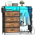 Espelism Dresser for Bedroom with Clothes Rack Side Pockets 5 Drawer Dresser with Charging Station LED Lights Black Storage Chest of Drawers for Hallway Closet Sturdy Steel Frame Wood Top (Brown)