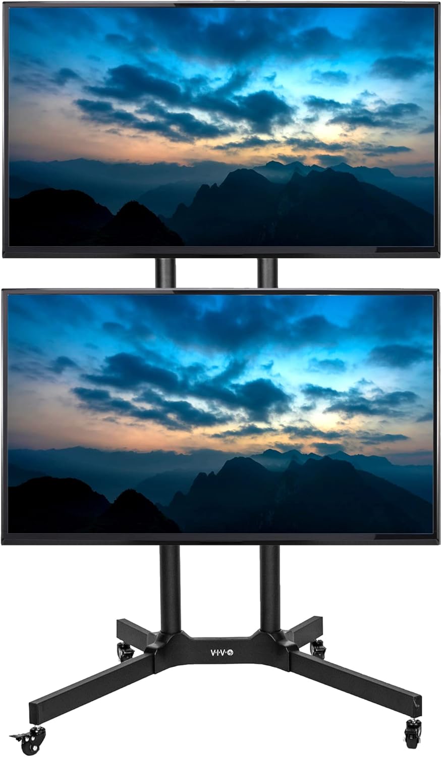 VIVO Mobile TV Cart for 32 to 65 inch Dual Screens up to 70 lbs Each, LCD LED OLED 4K Smart Flat and Curved Panels, Rolling Stand for 2 TV's, Locking Wheels, Max VESA 600x400, Black, STAND-TV03E2