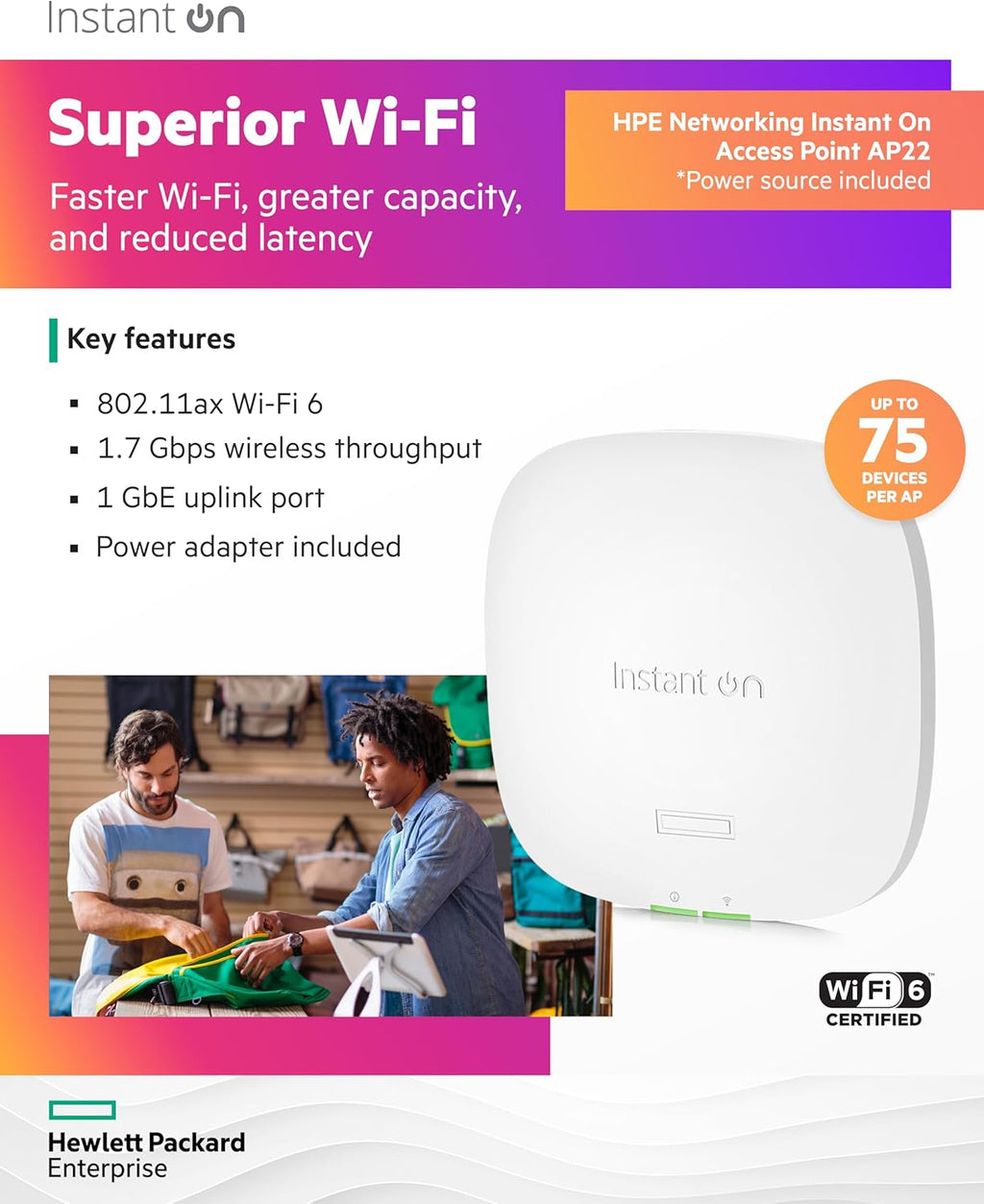HPE Networking Instant On Access Point AP22 2x2 WiFi 6 Indoor Wireless Access Point | Long Range, Secure, Smart Mesh Support | Power Source Included | US Model (R6M49A)