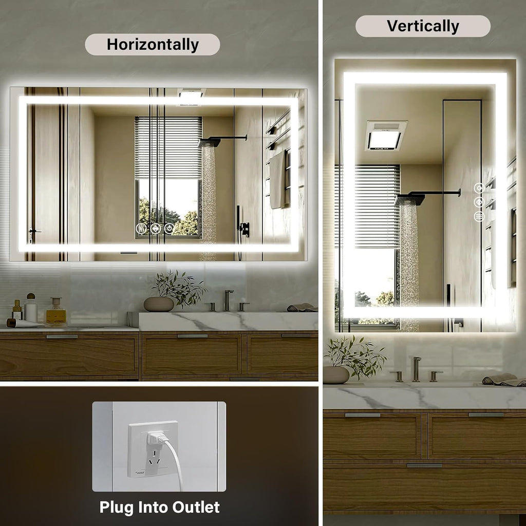 XRAMFY 40"x 60"LED Bathroom Mirror, Backlit + Front Lit, LED Bathroom Mirror with Lights for Wall, 3 Colors, Anti-Fog, Dimmable Brightness, Tempered Glass