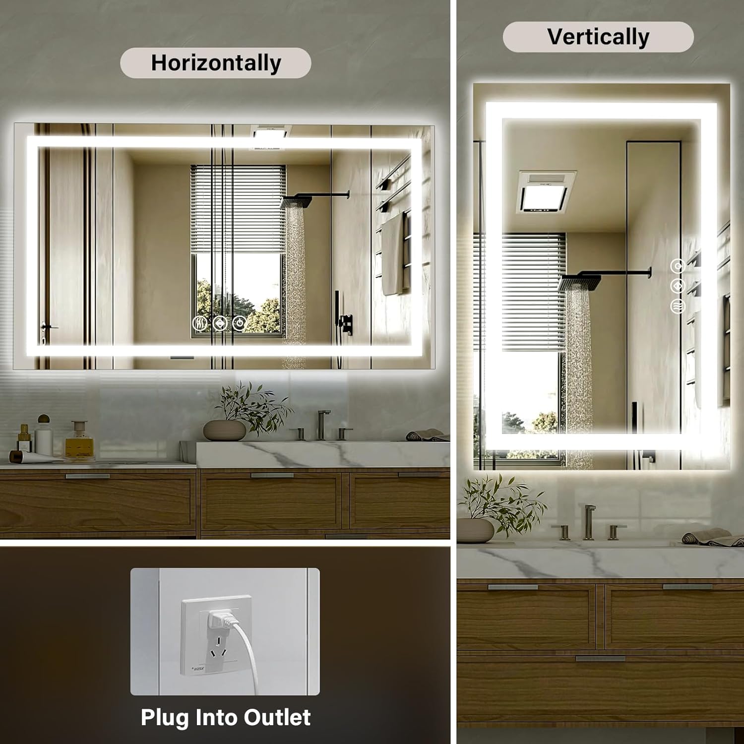 XRAMFY 40"x 60"LED Bathroom Mirror, Backlit + Front Lit, LED Bathroom Mirror with Lights for Wall, 3 Colors, Anti-Fog, Dimmable Brightness, Tempered Glass