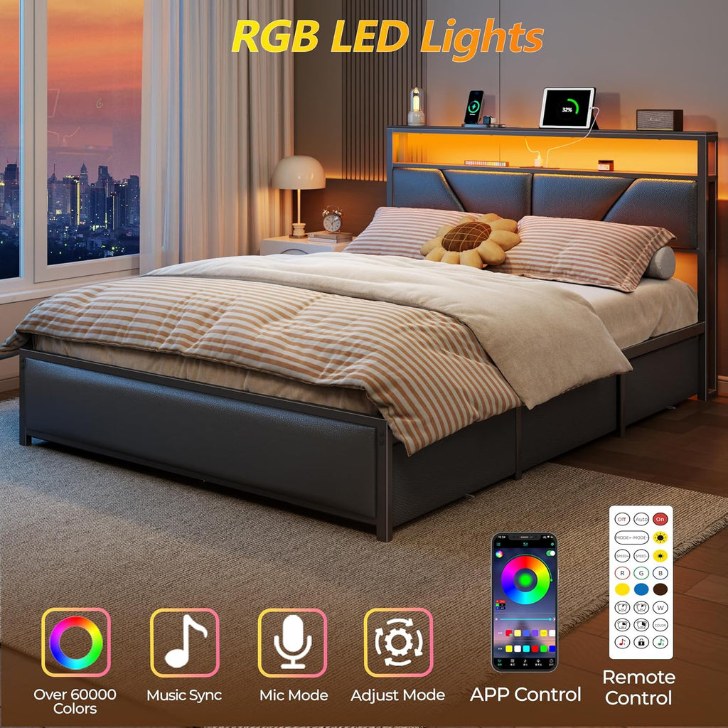 OURPIC Queen Bed Frame, 2-Tier Storage Headboard & 6 Fabric Drawers, PU Leather Upholstered Queen Size Platform Bed with Charging Station and LED Lights, No Box Spring Needed, Noise Free