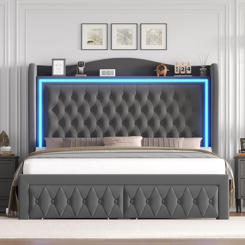 Queen Bed Frame 55" Tall Headboard with LED Lights, Buttons Tufted Velvet Upholstered Platform Bed Frame with 2 Storage Drawers, Wood Slats Support Mattress Foundation, No Box Spring Needed, Grey