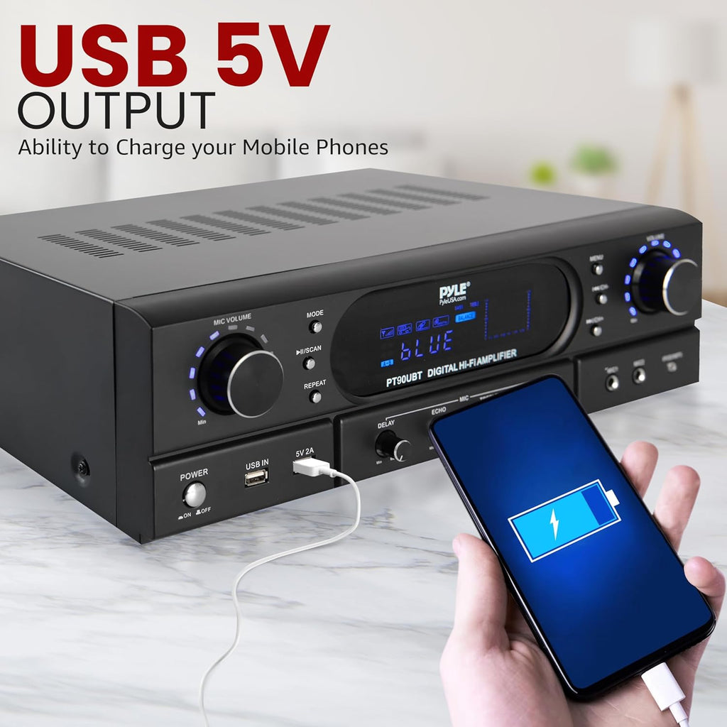 Pyle Home Bluetooth Theater Receiver Amplifier - 500 Watts Peak Power Amp w/Treble, Bass, Echo Control, MP3/USB/FM, Dual Channel Audio Stereo System for Streaming Entertainment, Karaoke