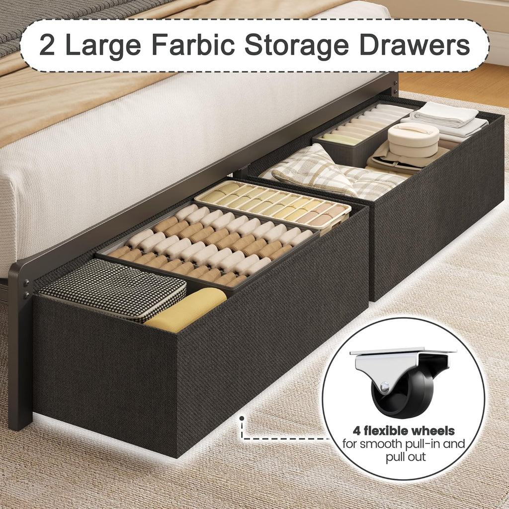 Fluest Queen Bed Frame with 2 Drawers, Upholstered Headboard with Storage and Charging Station, LED Lights, Fabric Drawers with Wheels, Under Bed Storage, No Box Spring Needed, Easy Assembly, Grey
