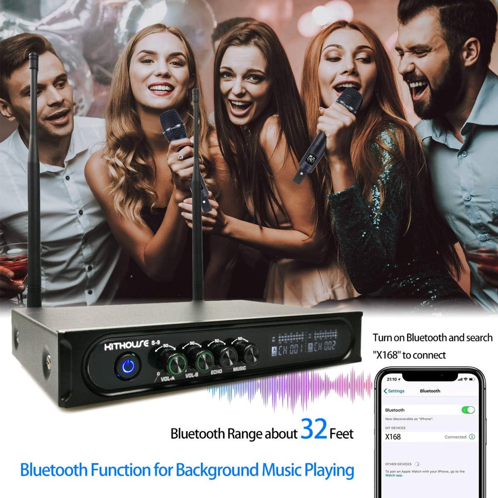 S9 UHF Rechargeable Wireless Microphone System Karaoke Microphone Wireless Mic Cordless Dual with Bluetooth Receiver Box + Volume Control ECHO for Karaoke Singing Speech Meeting Church, 200FT
