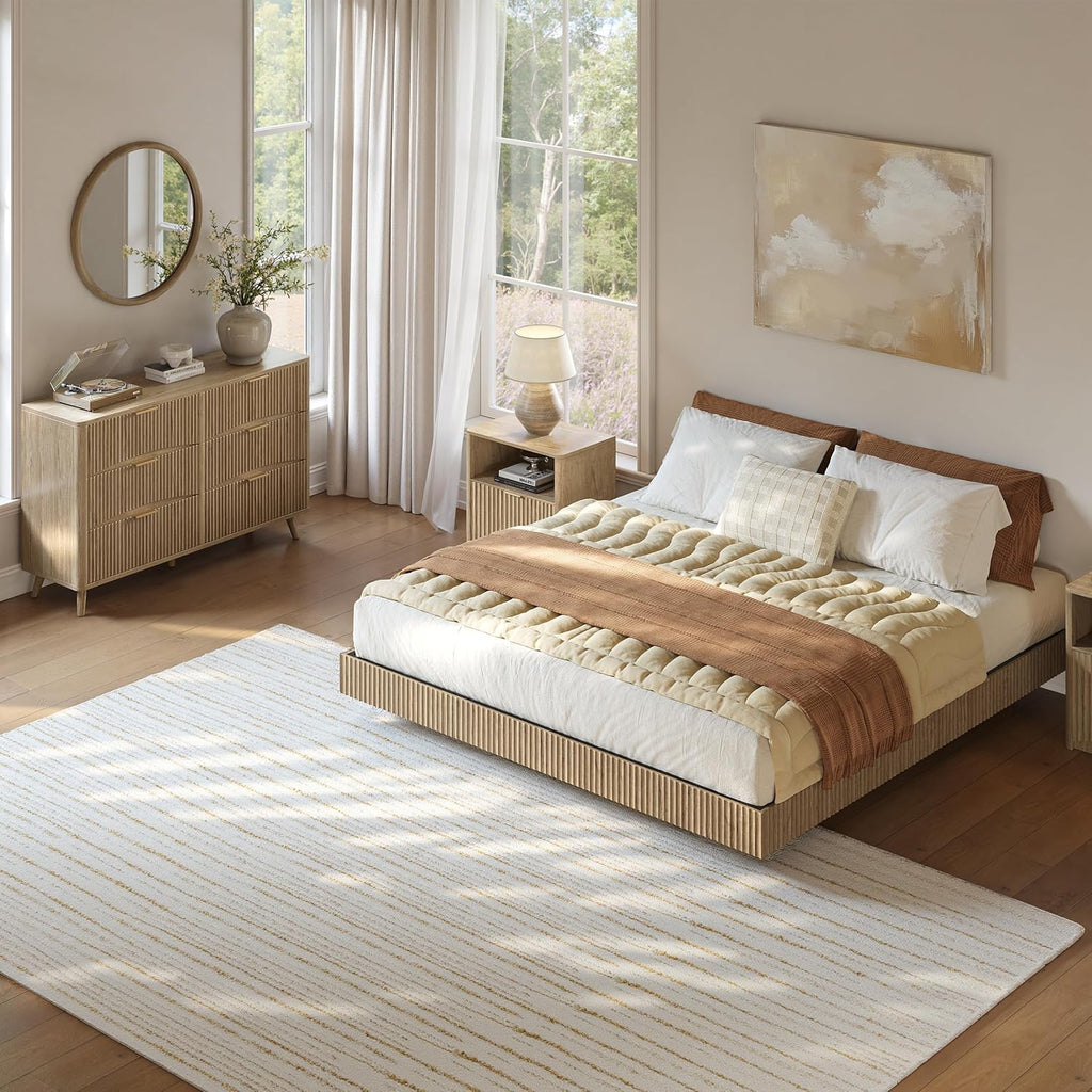 Evermagin Bedroom Furniture Set-Bed with 2 Nightstands, Mid Century Modern Bedroom Set, Floating Bed Frame Led Lights, Fluted Floating Room Furnitures, 3-Piece Room Set (Nbh, Queen)
