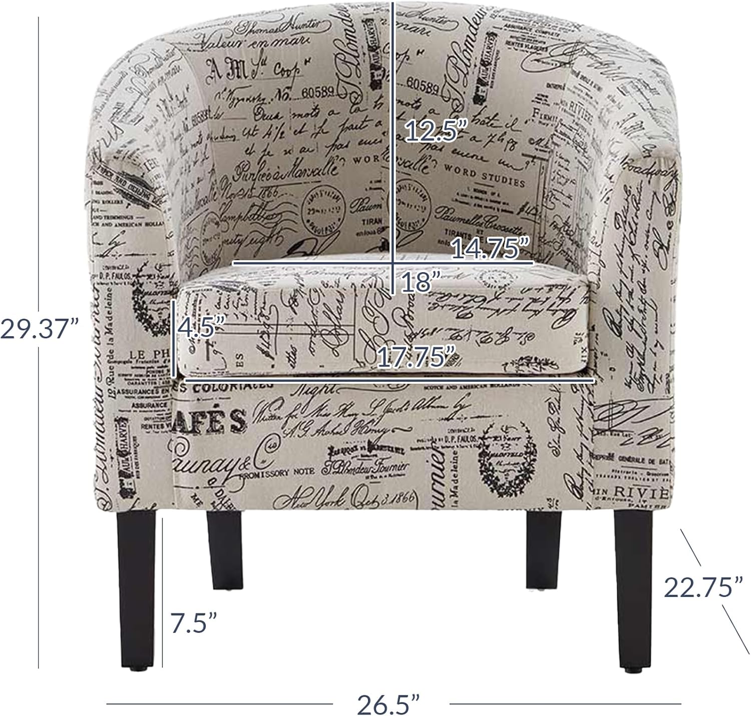 BELLEZE Accent Barrel Chair, Linen Round Chair Club Tub Sofa Corner Chair with Flared Legs and Cozy Soft Padding for Living Room Bedroom Waiting Room - Black & Beige