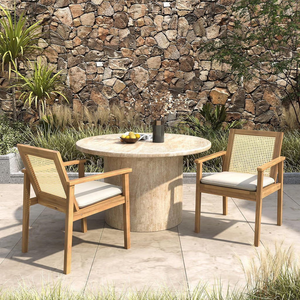 Christopher Knight Home Dessa Outdoor Dining Chairs Set of 2, Acacia Wood Dining Chair, Woven Wicker Back Accent Chairs, Breathable Armchair, Comfort Cushion Seating for Backyard Garden, Teak+Beige