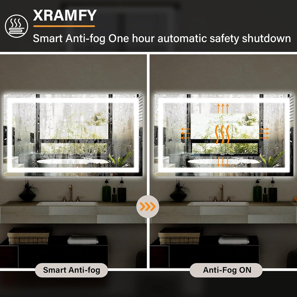 XRAMFY 40"x 60"LED Bathroom Mirror, Backlit + Front Lit, LED Bathroom Mirror with Lights for Wall, 3 Colors, Anti-Fog, Dimmable Brightness, Tempered Glass