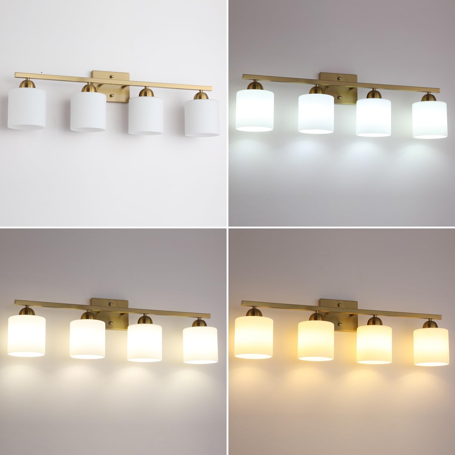 Mecgirn Stainless Steel Milk Glass Vanity Lights for Bathroom, 4 Light Gold Bathroom Light Fixtures Over Mirror, Ceramic E26 Sockets Wall Mounted