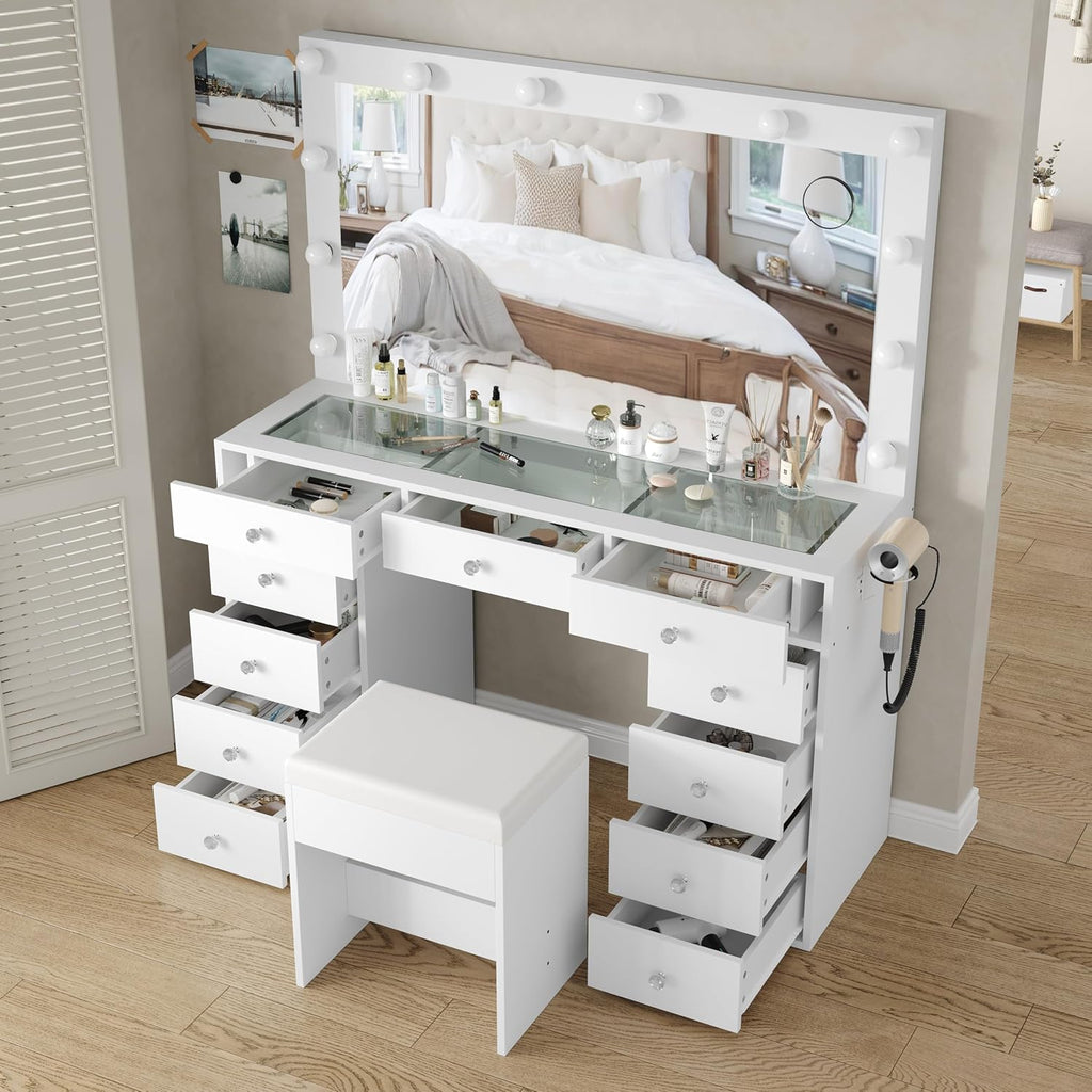 Yanosaku Vanity Desk & Power Outl, Makeup Vanity with Mirror and 12 LED Lights, Makeup Table with 11 Drawers, Vanity Table with Chair,Set 3 Lighting Modes Brightness Adjustable-(White)