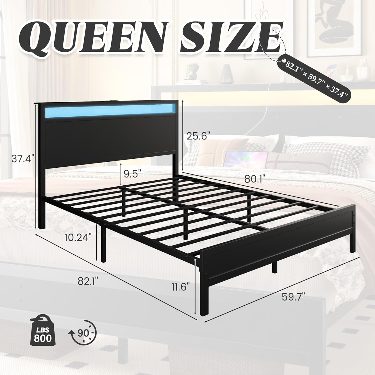 Fluest Queen Bed Frame with Headboard & Footboard, Bed Frame with Built-in Charging Station & LED Light, Storage Shelf, Noise-Free, No Box Spring Needed, Easy Assembly, Classic Black