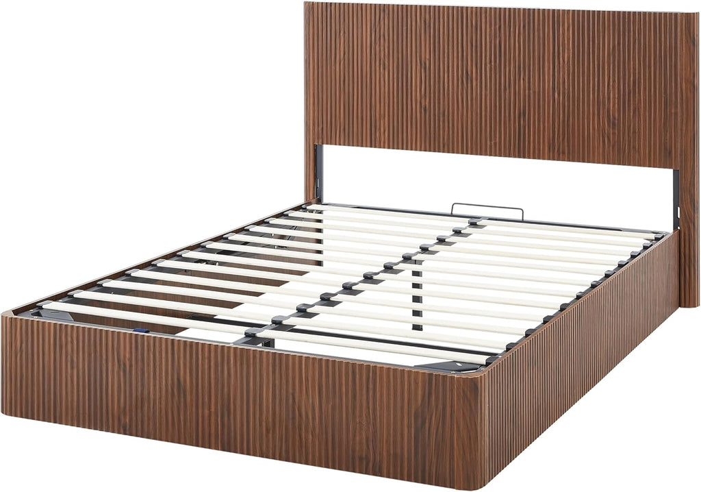 Bellemave Queen Lift Up Storage Bed, Walnut Wood Lift Up Bedframe Queen, Wooden Corrugated Curved Lines, Hydraulic Storage,Walnut