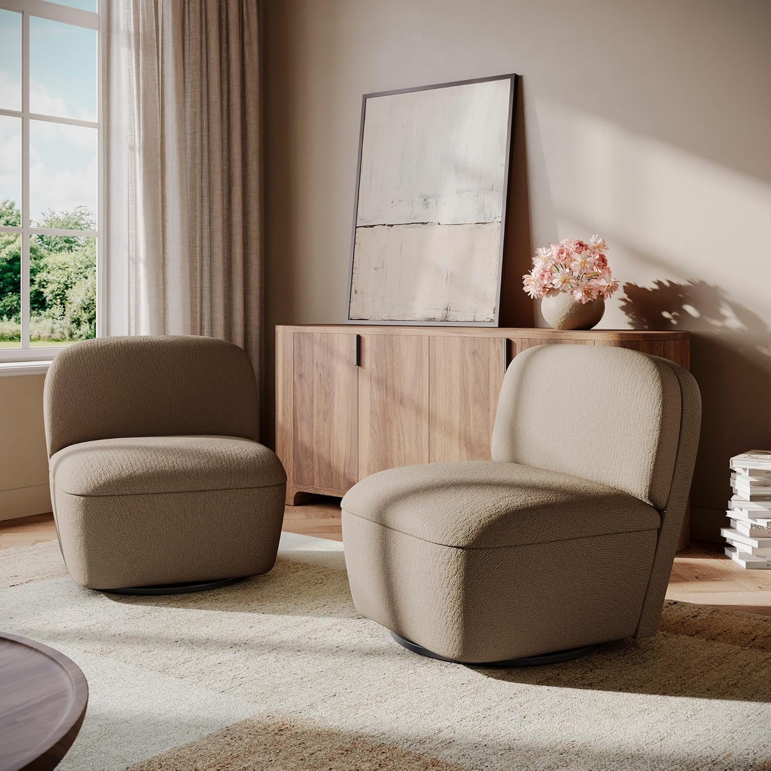 BELLEZE Set of 2 Modern Upholstered Swivel Accent Chair with Hidden Storage, 360° Rotating Chair, Easy Assembly Compact Chair for Living Room, Bedroom, Office, Space-Saving Design - Beige