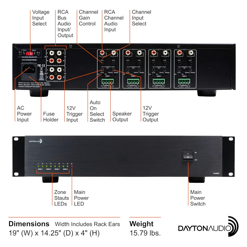 Dayton Audio MA880 Multi-Zone 8-Channel Class-D Amplifier, 8 x 80W (160W Bridged), 4 Stereo Zones, 6 Inputs, Rack-Mountable