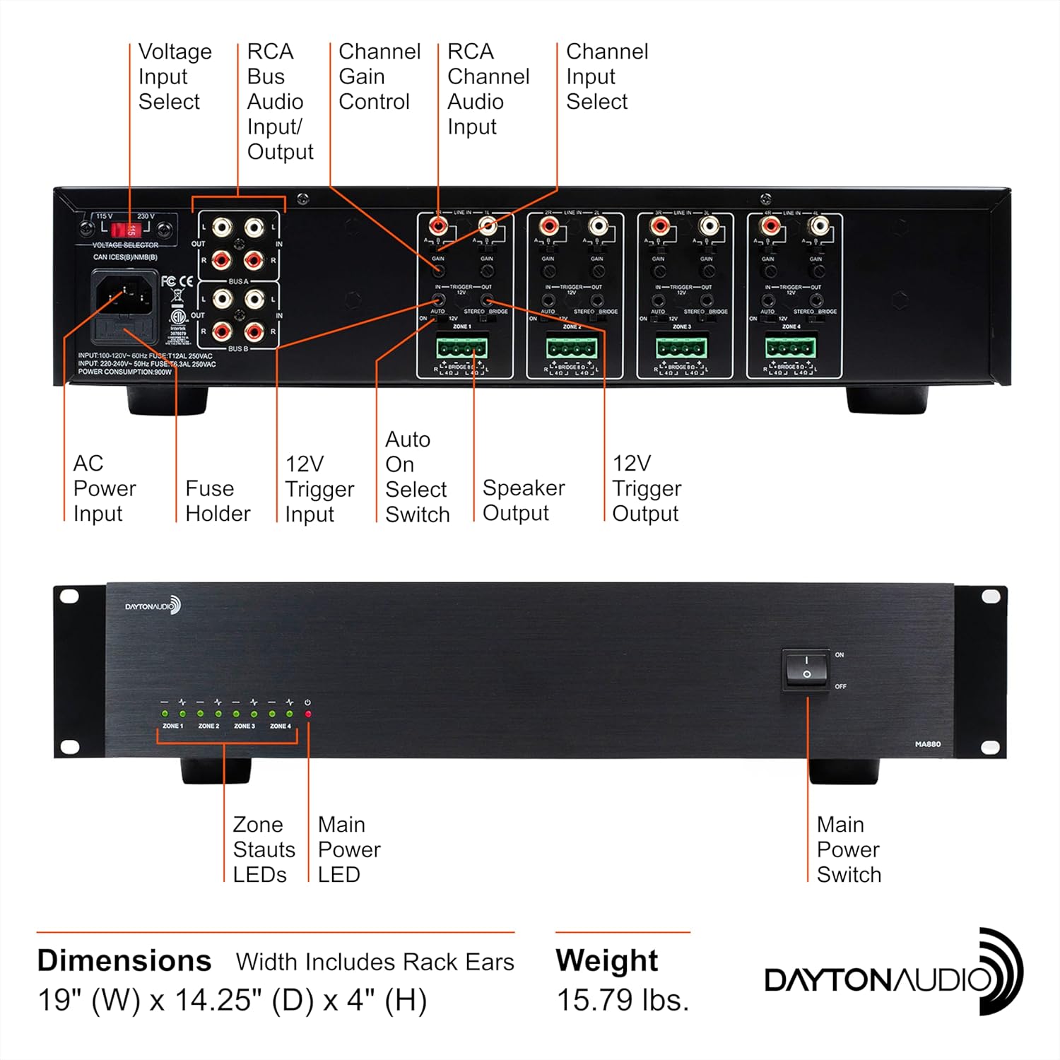 Dayton Audio MA880 Multi-Zone 8-Channel Class-D Amplifier, 8 x 80W (160W Bridged), 4 Stereo Zones, 6 Inputs, Rack-Mountable