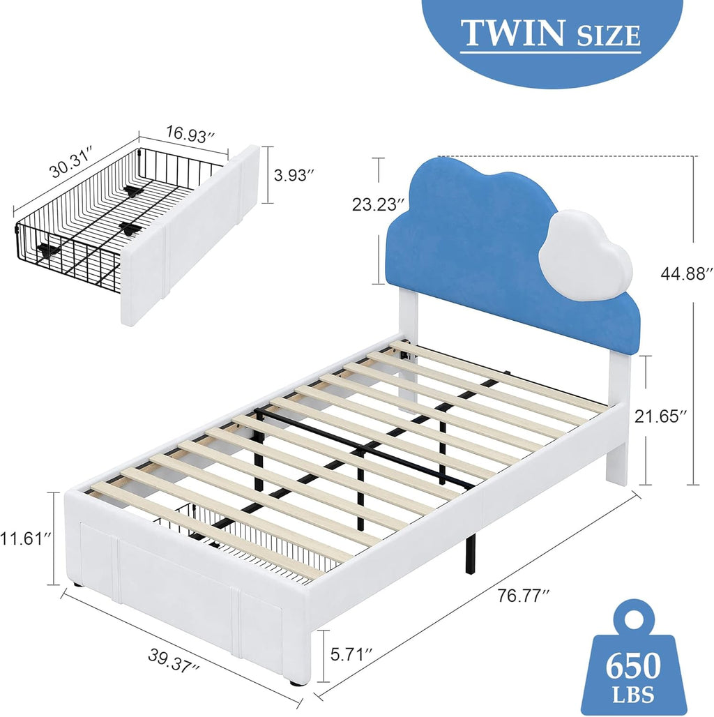 VECELO 2 Set Twin Size Bed Frame, Upholstered Platform Bedframe with Height Adjustable Cloud-Shaped Headboard, Strong Wood Slat Supports, No Box Spring Needed, Blue