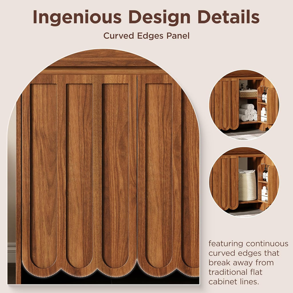 28 inch Bathroom Vanity with Ceramic Sink, Brown Bathroom Sink Vanity Cabinet with Wave Scalloped Door, Tip-Out Drawer & Adjustable Shelf, Single Sink Bath Vanity for Bathroom/Laundry Room, Walnut