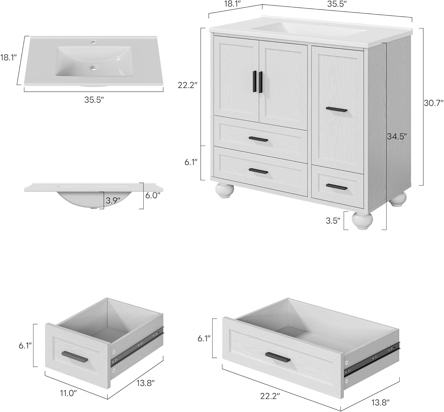 LIKIMIO 36" Bathroom Vanity with Sink, Hair Tool Drawer, 4 Solid Legs, 4 Drawers 2 Doors, Modern Freestanding Wooden Bathroom Cabinet with Undermount Upgraded SMC Sink, Quick Assembly, White