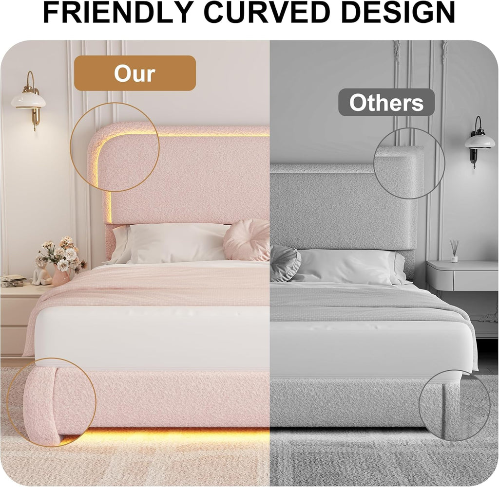 Queen Bed Frame, Soft Teddy Fleece Upholstered Platform Bedframe with Thickened Rounded Corners Headboard Footboard, Modern Curved Shaped Cloud Bed Frame with LED Lights, No Box Spring Needed, Pink