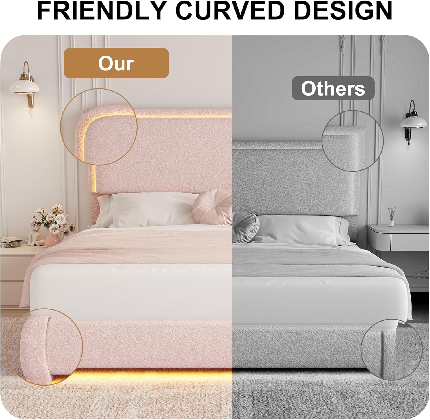 Queen Bed Frame, Soft Teddy Fleece Upholstered Platform Bedframe with Thickened Rounded Corners Headboard Footboard, Modern Curved Shaped Cloud Bed Frame with LED Lights, No Box Spring Needed, Pink