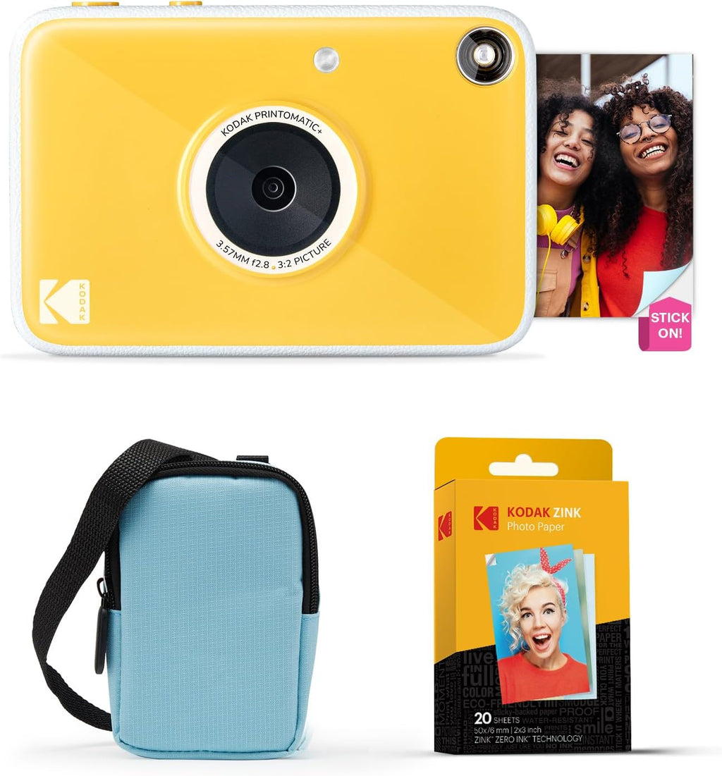 Kodak Printomatic+ Instant Print Digital Camera Starter Bundle + Carrying Case (Blue) + Zink 20pk Sticky-Back Photo Paper - 10MP, Full-Color Photos, GB LED Status Indicator - Yellow