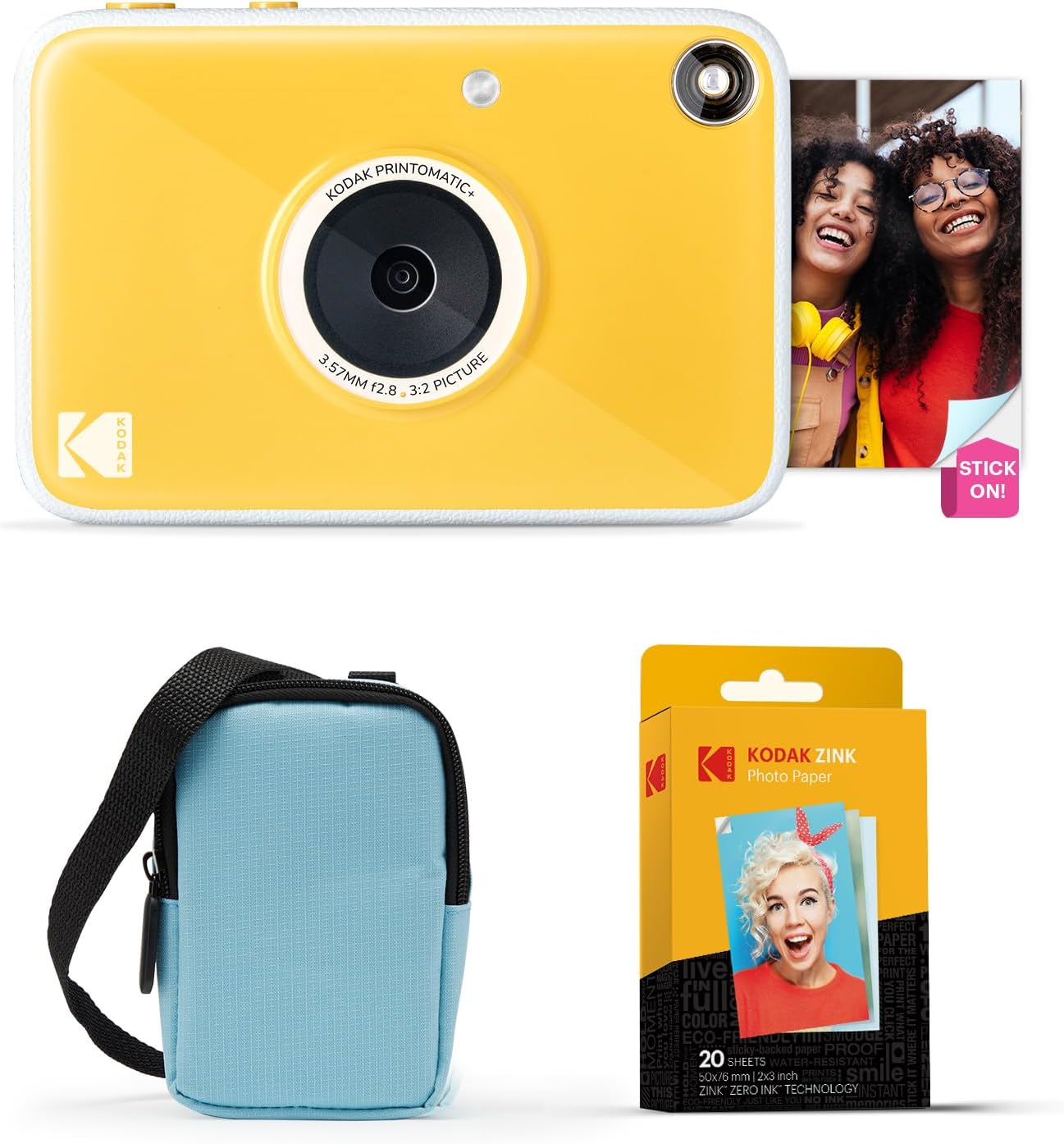 Kodak Printomatic+ Instant Print Digital Camera Starter Bundle + Carrying Case (Blue) + Zink 20pk Sticky-Back Photo Paper - 10MP, Full-Color Photos, GB LED Status Indicator - Yellow