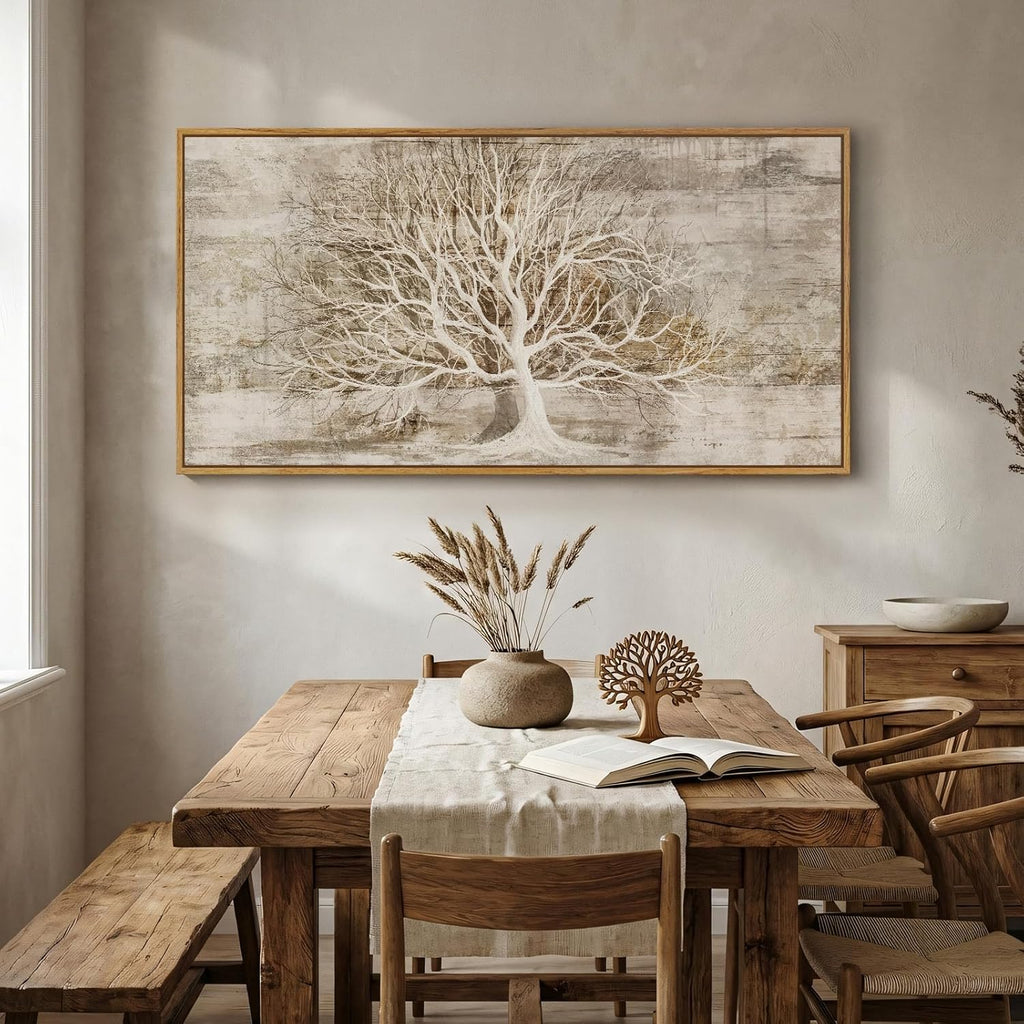 Large Framed Tree of Life Wall Art for Living Room, Rustic Farmhouse Abstract Tree Canvas Painting Print Artwork for Walls, Modern Neutral Forest Picture for Bedroom Office Wall Decor, 60x30 In