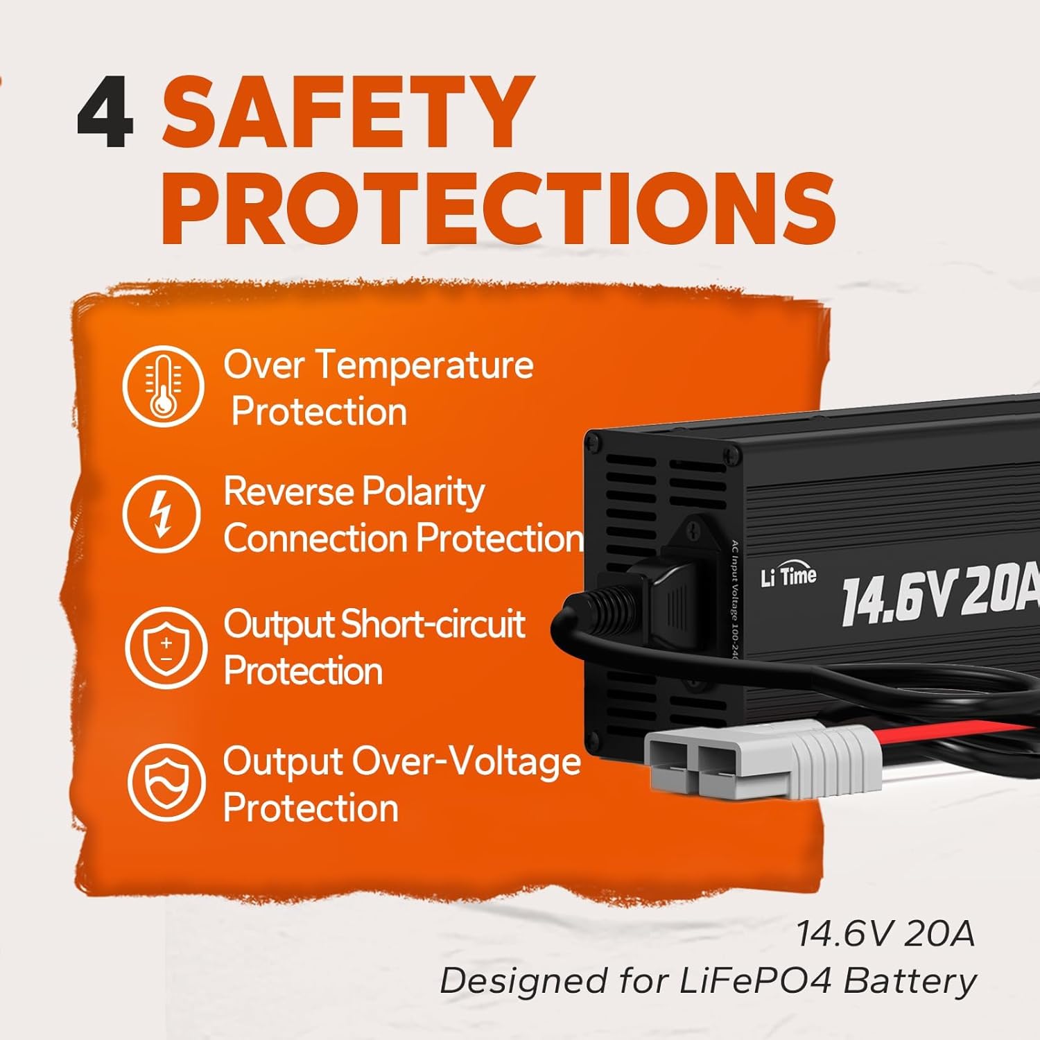 LiTime 12V 20A Lithium Battery Charger, AC-DC Charger with Anderson Connector & LED Indicator for 14.6V LiFePO4, Smart Charger for RV, Off-Grid, Home, Deep Cycle Battery, Solar System