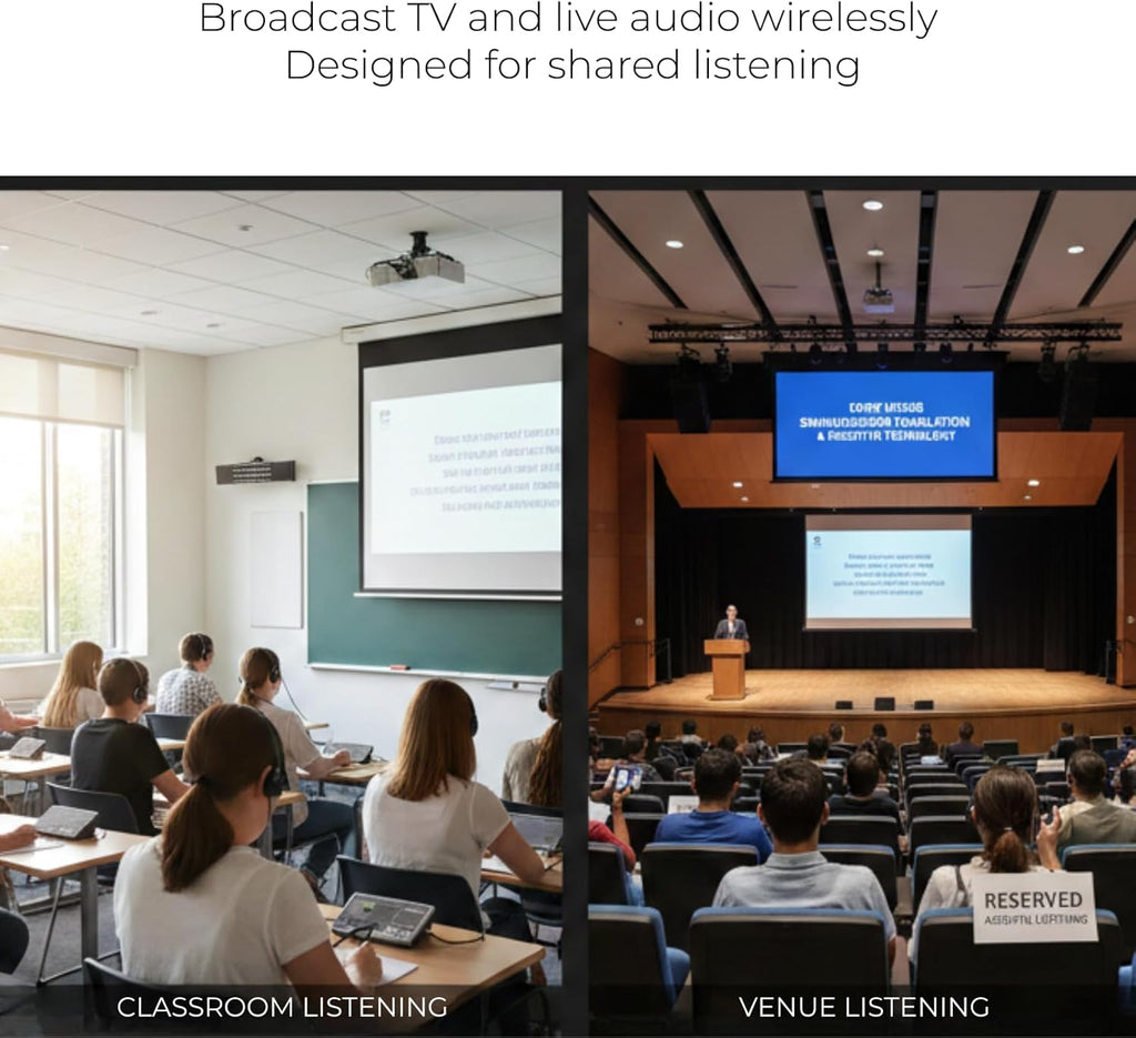 TV hearMore Auracast Audio Transmitter – Auracast & Bluetooth Classic Dual Mode, HDMI/Optical/AUX/MIC Inputs, Low-Latency Wireless Broadcast for TV, Classrooms & Public Venues