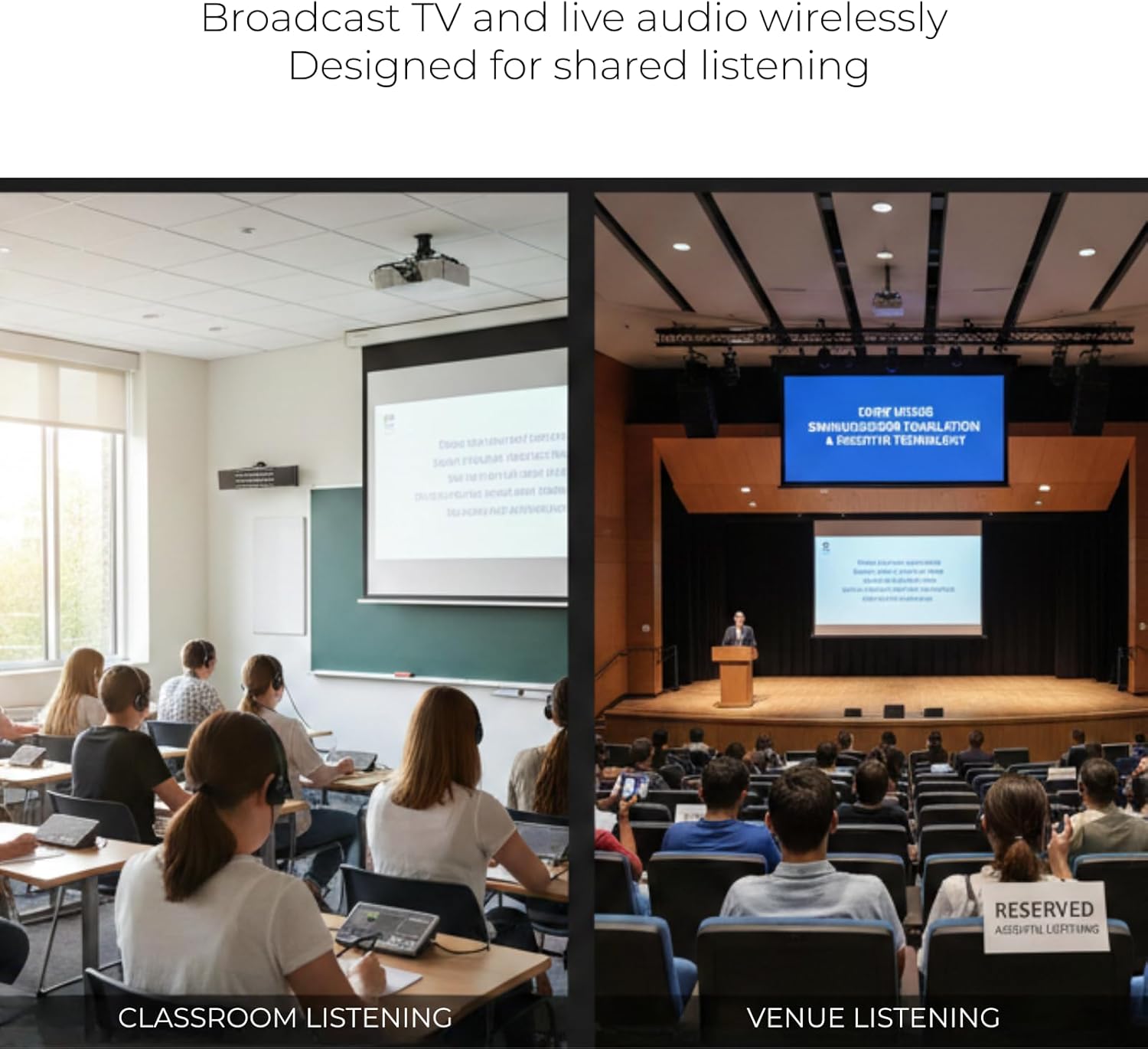TV hearMore Auracast Audio Transmitter – Auracast & Bluetooth Classic Dual Mode, HDMI/Optical/AUX/MIC Inputs, Low-Latency Wireless Broadcast for TV, Classrooms & Public Venues