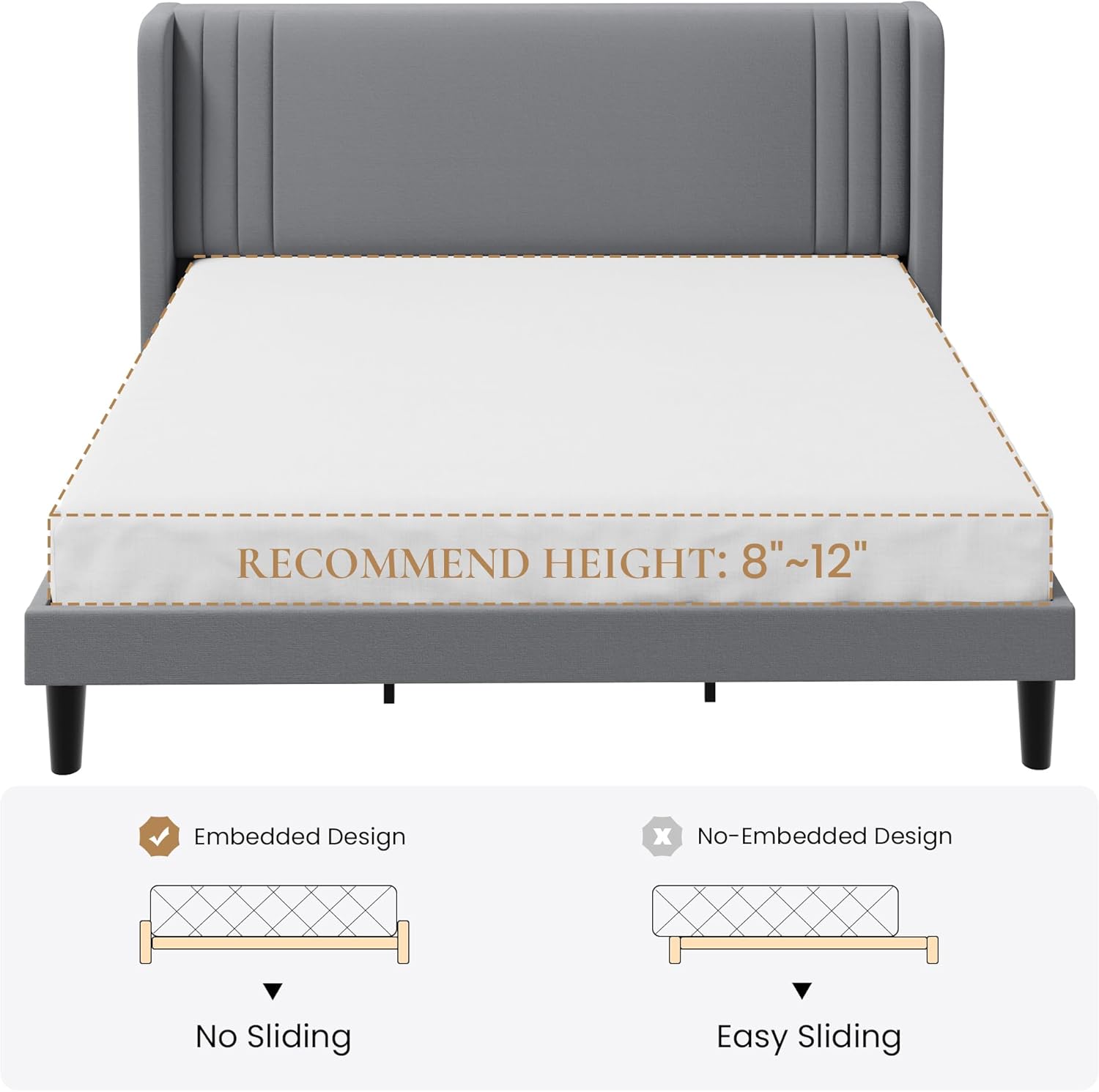 SHA CERLIN King Size Velvet Upholstered Platform Bed Frame with Vertical Channel Tufted Wingback Headboard, Wooden Slats Support, Easy Assembly, Under Bed Storage, No Box Spring Required, Grey