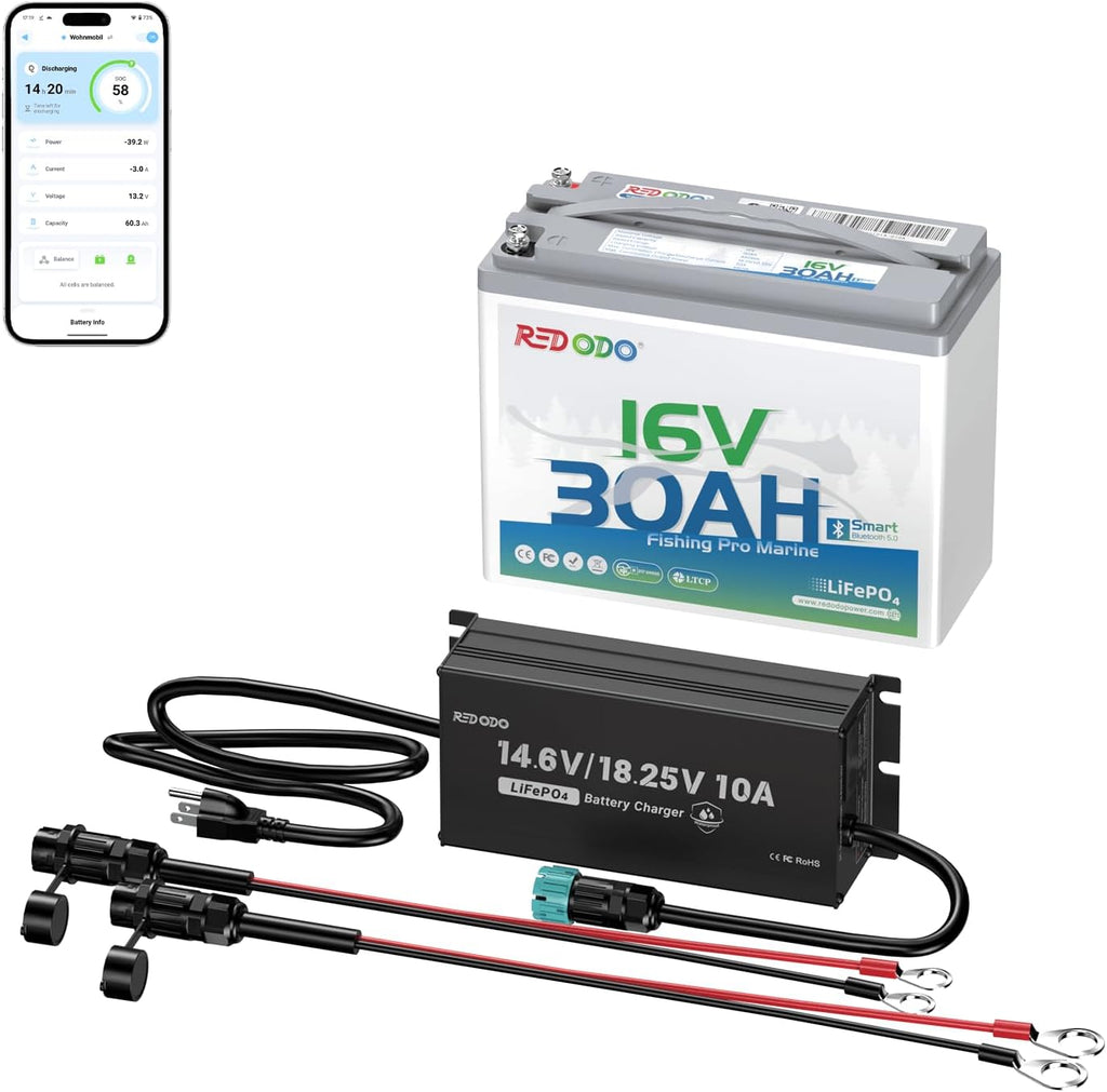 Redodo 16V 30Ah Bluetooth Lithium Marine Battery and 18.25V 10A Charger Set, Low-Temp Cutoff Protections, Perfect for Marine Devices Such as Sonar, Radar, GPS, Fish Finder