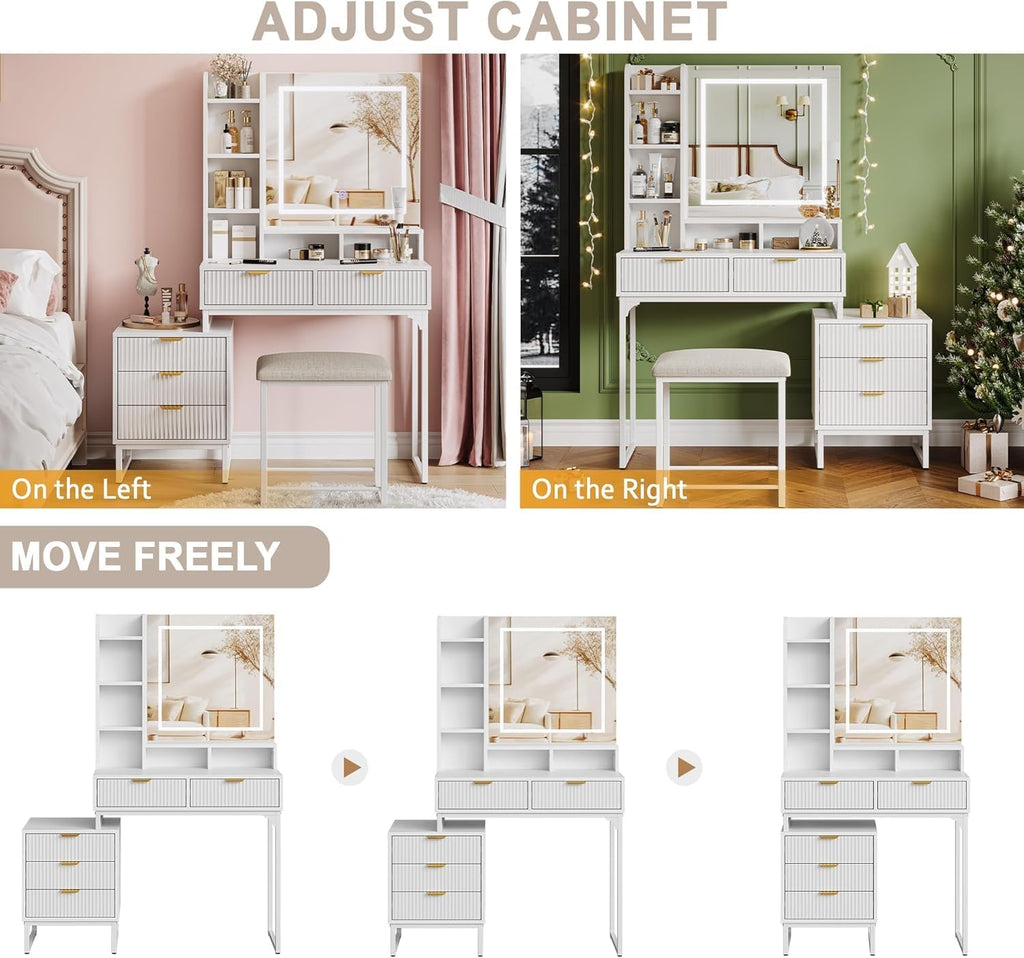GarveeHome Makeup Vanity Desk with Mirror and Lights, 5-Drawer Vanity Table with Stool and Removable Side Storage Cabinet, Space-Saving Vanity Set for Bedroom